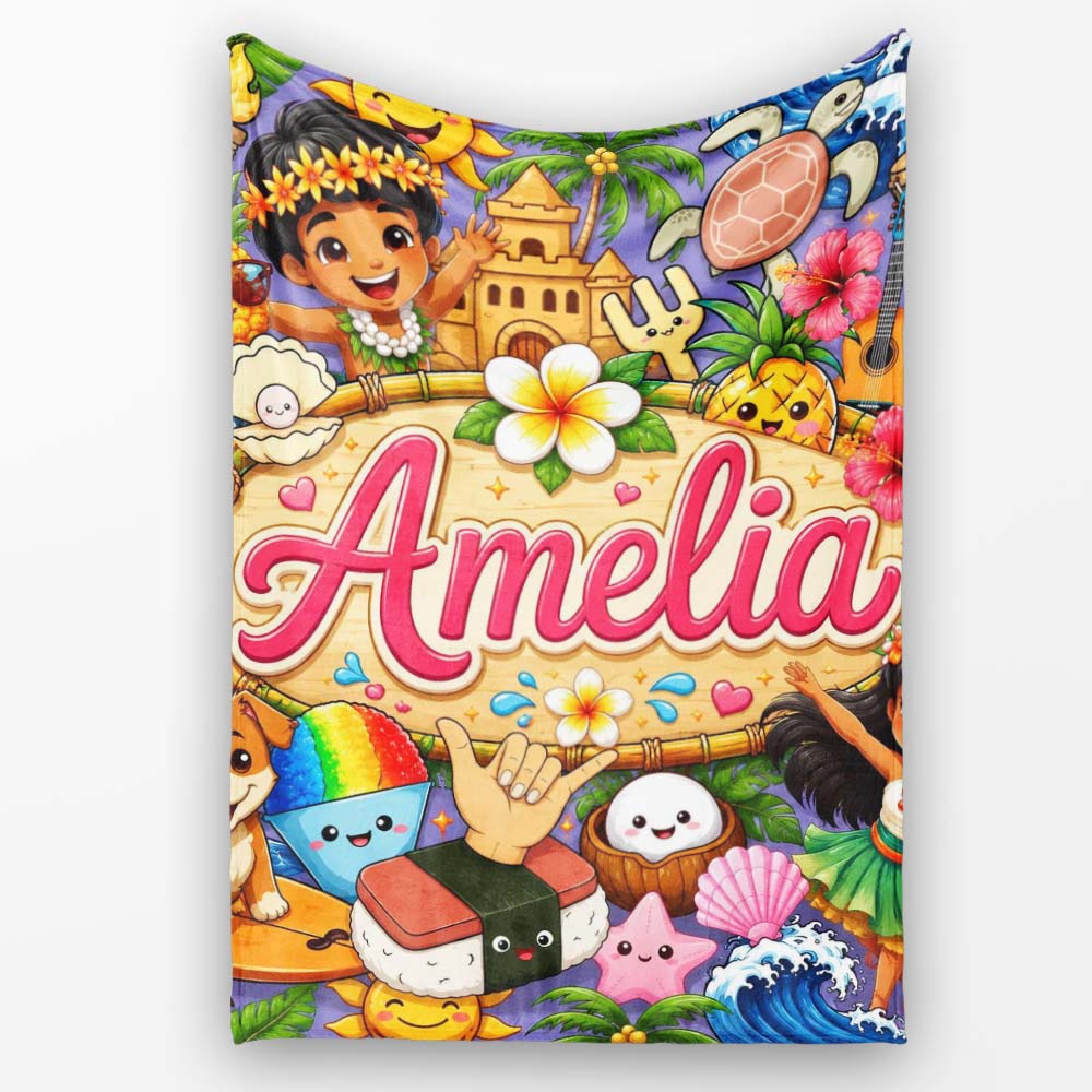 Cute Hawaiian Kids Purple Background Tiki Beach Summer Cartoon Personalised Custom Name Super Soft Fleece Blanket Bed Sofa Throw