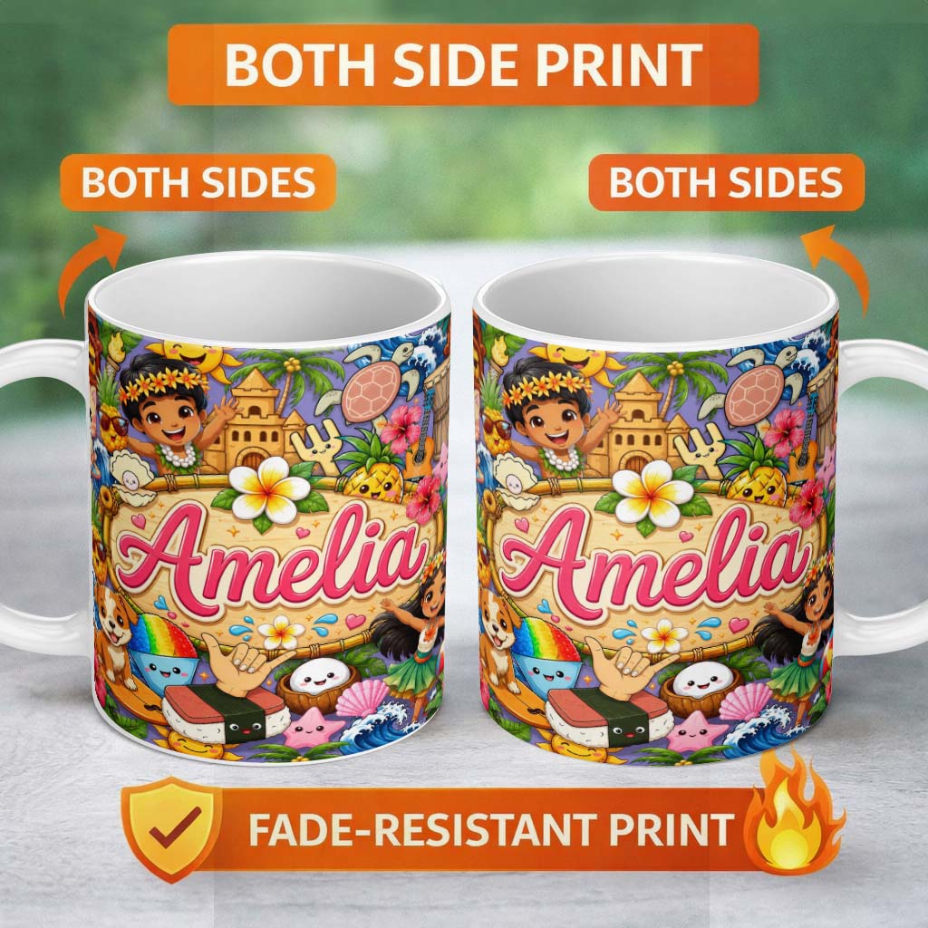 Personalized Custom Name Cute Hawaiian Kids Purple Background Tiki Beach Summer Cartoon 11oz Ceramic Coffee Tea Mug White Large Handle
