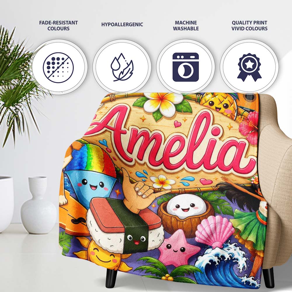Cute Hawaiian Kids Purple Background Tiki Beach Summer Cartoon Personalised Custom Name Super Soft Fleece Blanket Bed Sofa Throw