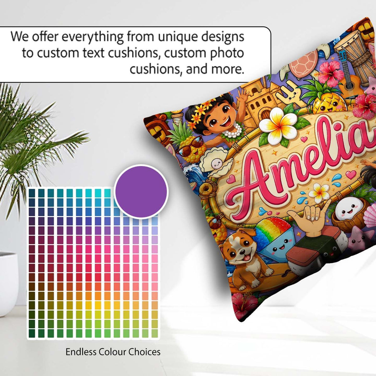 Custom Name Cute Hawaiian Kids Purple Tiki Beach Summer Cartoon Square Filled Cushion Throw Pillow Sofa Bed Home Decor Zip Washable UK Made
