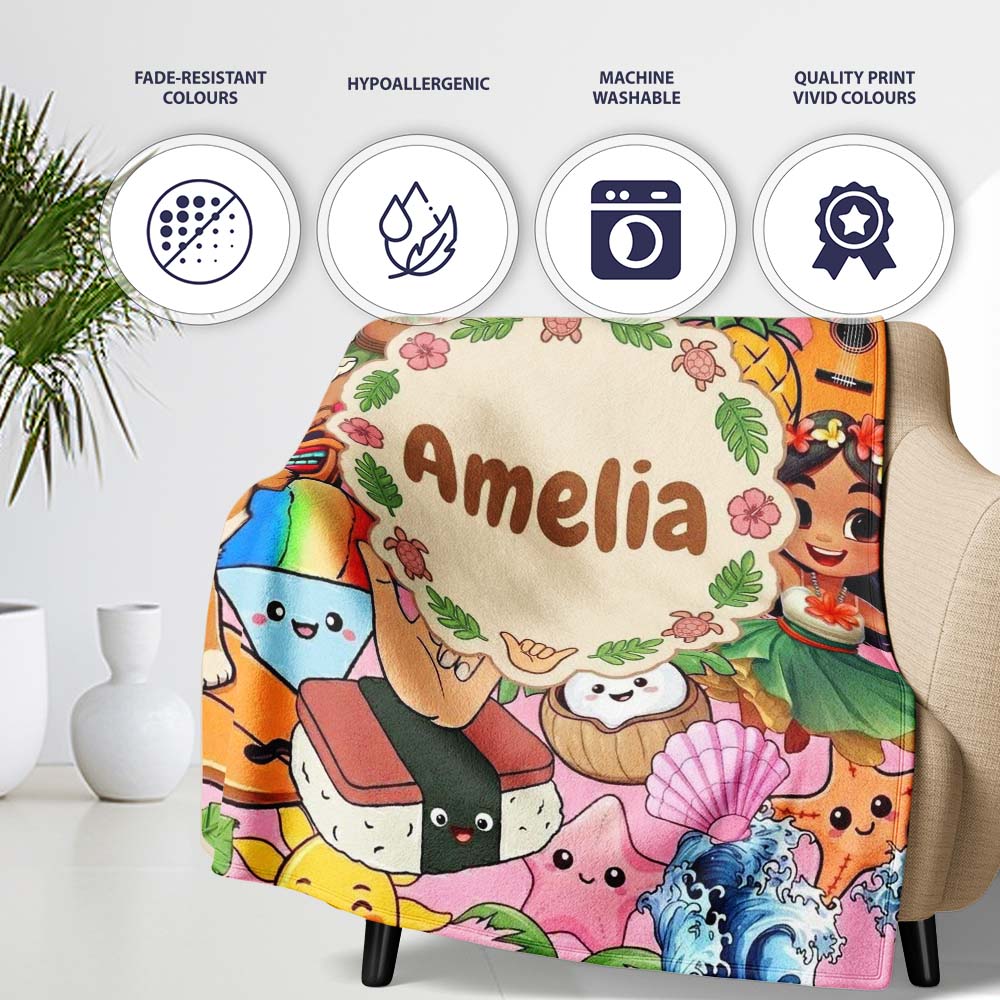 Cute Hawaiian Kids Red Background Tiki Beach Summer Cartoon Personalised Custom Name Super Soft Fleece Blanket Bed Sofa Throw