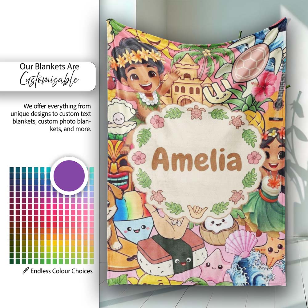 Cute Hawaiian Kids Red Background Tiki Beach Summer Cartoon Personalised Custom Name Super Soft Fleece Blanket Bed Sofa Throw