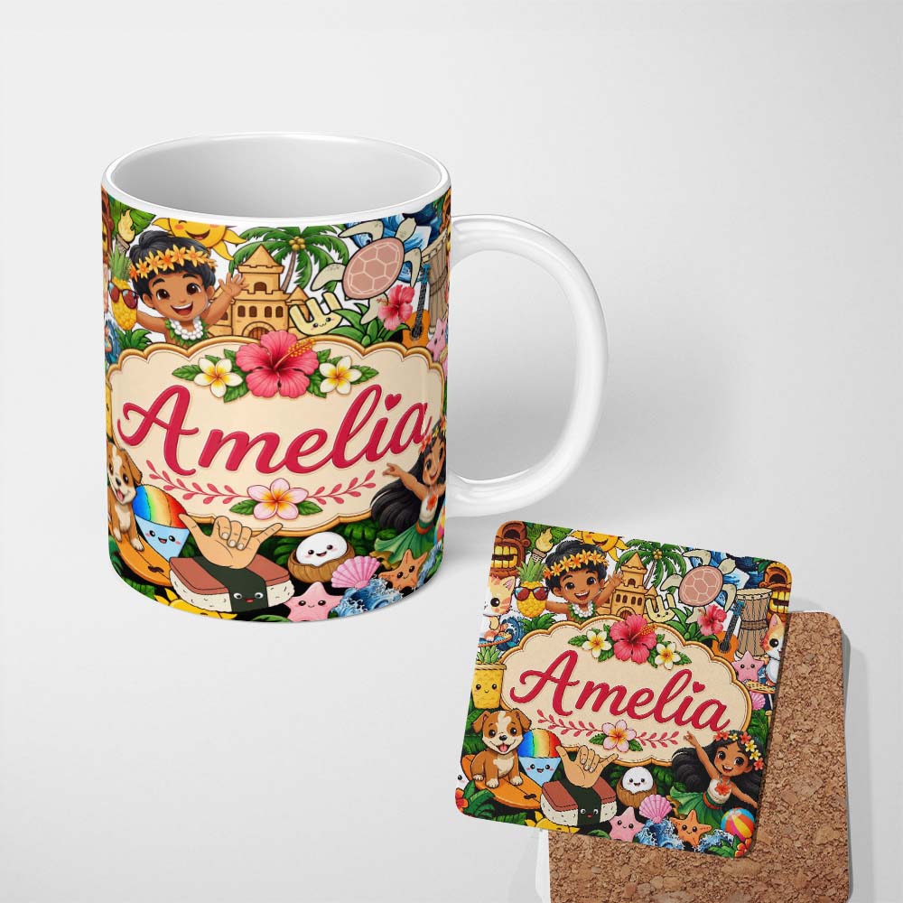 Personalized Custom Name Cute Hawaiian Kids White Background Tiki Beach Summer Cartoon 11oz Ceramic Coffee Tea Mug White Large Handle