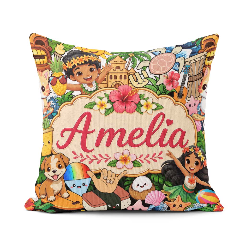 Custom Name Cute Kids White Background Tiki Beach Summer Cartoon Square Filled Cushion Throw Pillow Sofa Bed Home Decor Zip Washable UK Made