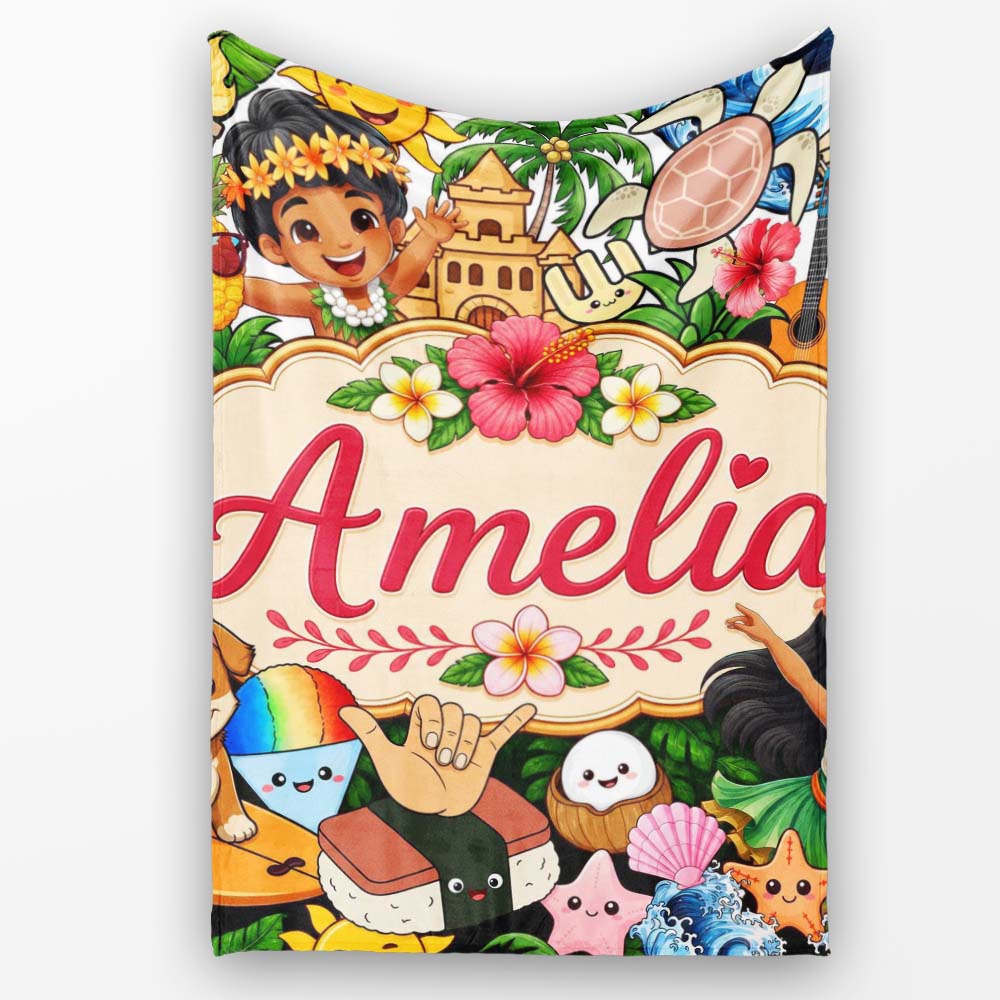 Cute Hawaiian Kids White Background Tiki Beach Summer Cartoon Personalised Custom Name Super Soft Fleece Blanket Bed Sofa Throw