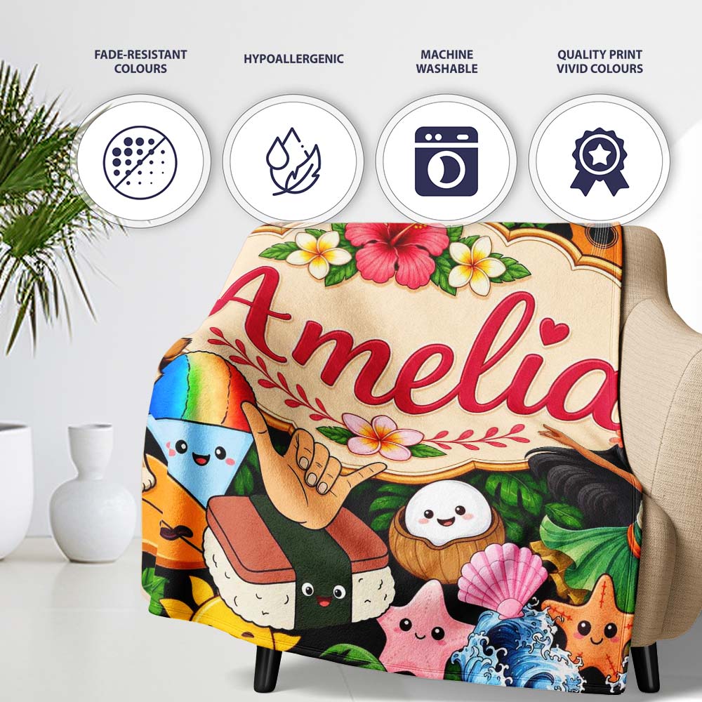 Cute Hawaiian Kids White Background Tiki Beach Summer Cartoon Personalised Custom Name Super Soft Fleece Blanket Bed Sofa Throw