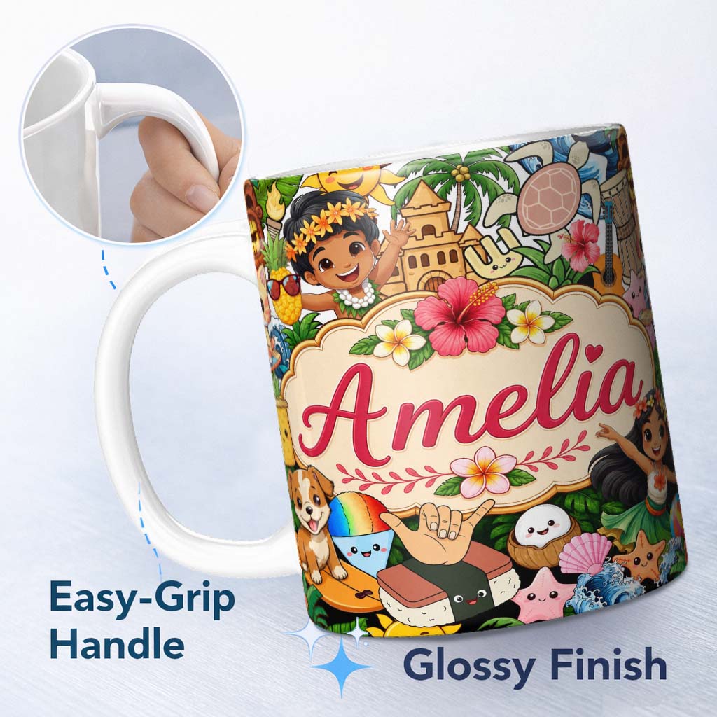 Personalized Custom Name Cute Hawaiian Kids White Background Tiki Beach Summer Cartoon 11oz Ceramic Coffee Tea Mug White Large Handle
