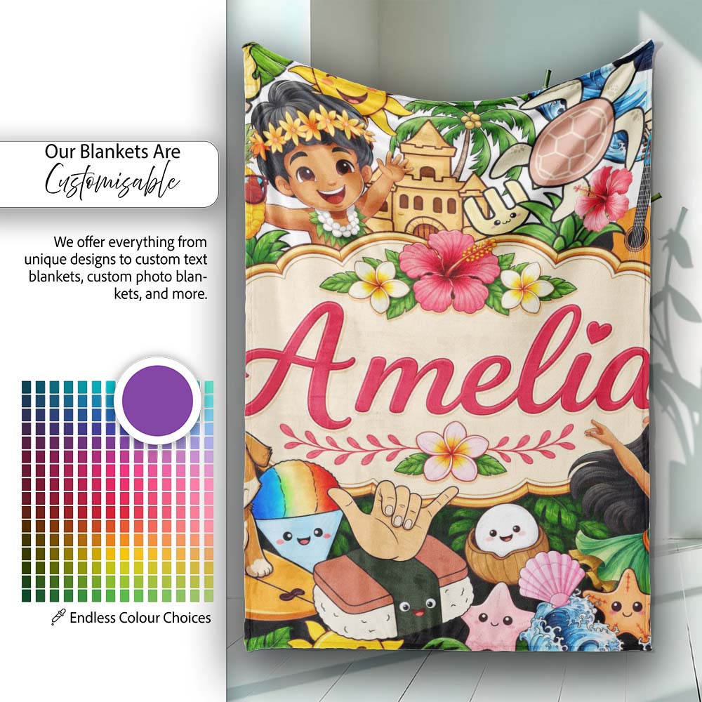 Cute Hawaiian Kids White Background Tiki Beach Summer Cartoon Personalised Custom Name Super Soft Fleece Blanket Bed Sofa Throw