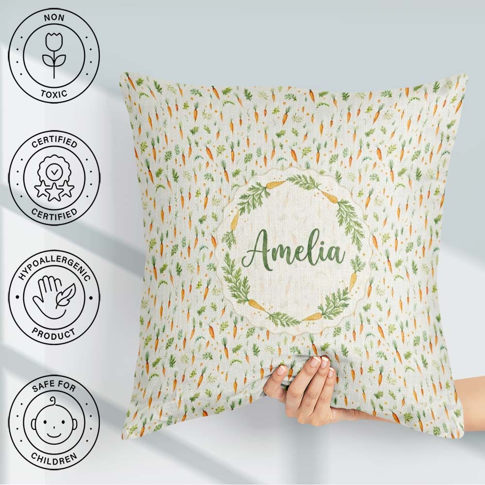 Custom Name Delicate Watercolor Carrot and Herb Seamless Pattern Square Filled Cushion Throw Pillow Sofa Bed Home Decor Zip Washable UK Made