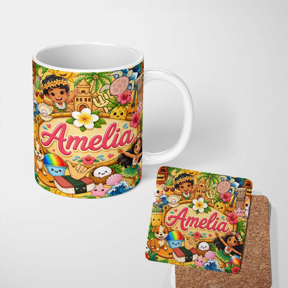 Personalized Custom Name Cute Hawaiian Kids Yellow Background Tiki Beach Summer Cartoon 11oz Ceramic Coffee Tea Mug White Large Handle