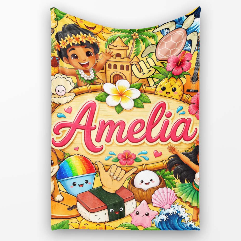 Cute Hawaiian Kids Yellow Background Tiki Beach Summer Cartoon Personalised Custom Name Super Soft Fleece Blanket Bed Sofa Throw