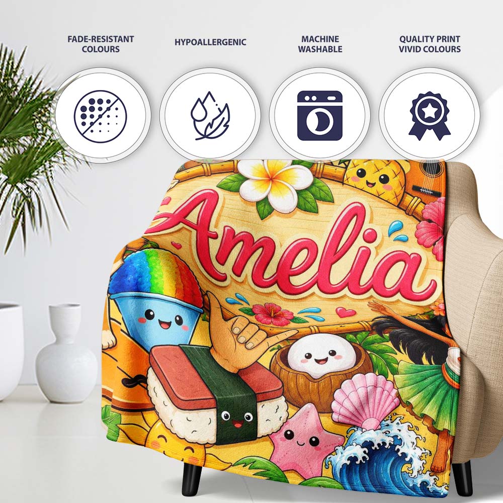 Cute Hawaiian Kids Yellow Background Tiki Beach Summer Cartoon Personalised Custom Name Super Soft Fleece Blanket Bed Sofa Throw