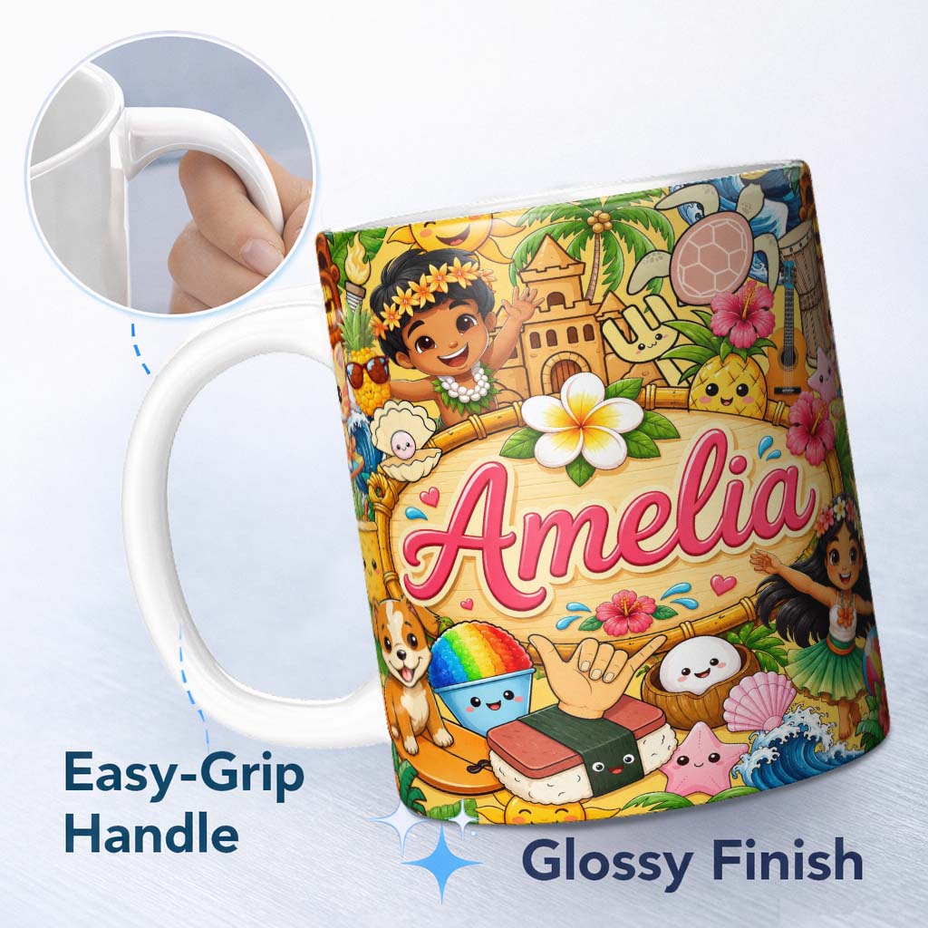 Personalized Custom Name Cute Hawaiian Kids Yellow Background Tiki Beach Summer Cartoon 11oz Ceramic Coffee Tea Mug White Large Handle