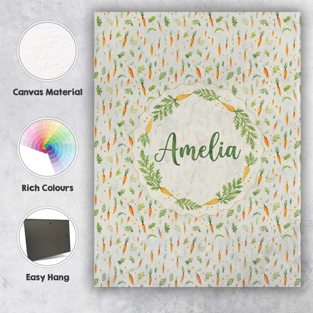 Personalised Name Delicate Watercolor Carrot and Herb Botanical Custom Statement Canvas Wall Art Print Decor Picture Ready to Hang