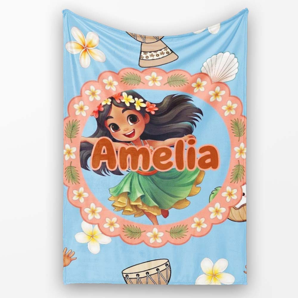 Cute Hula Girl Blue Background Tropical Flowers Coconut Seamless Personalised Custom Name Super Soft Fleece Blanket Bed Sofa Throw