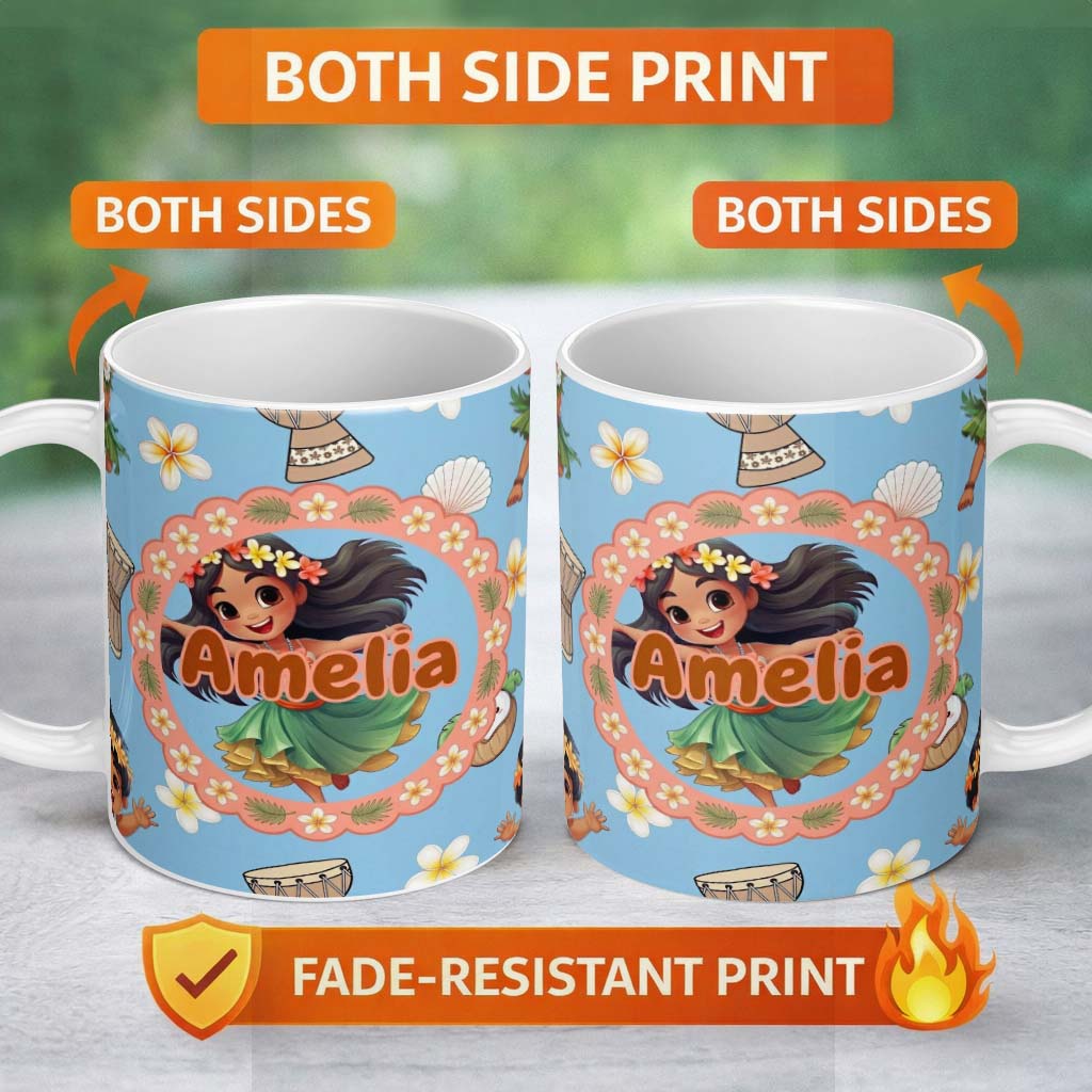 Personalized Custom Name Cute Hula Girl Blue Background Tropical Flowers Coconut Seamless 11oz Ceramic Coffee Tea Mug White Large Handle