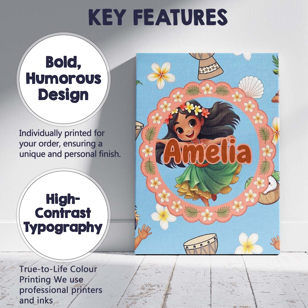 Personalised Name Cute Hula Girl Blue Custom Modern Room Accent Creative Decorator Style Canvas Wall Art Print Decor Picture Ready to Hang