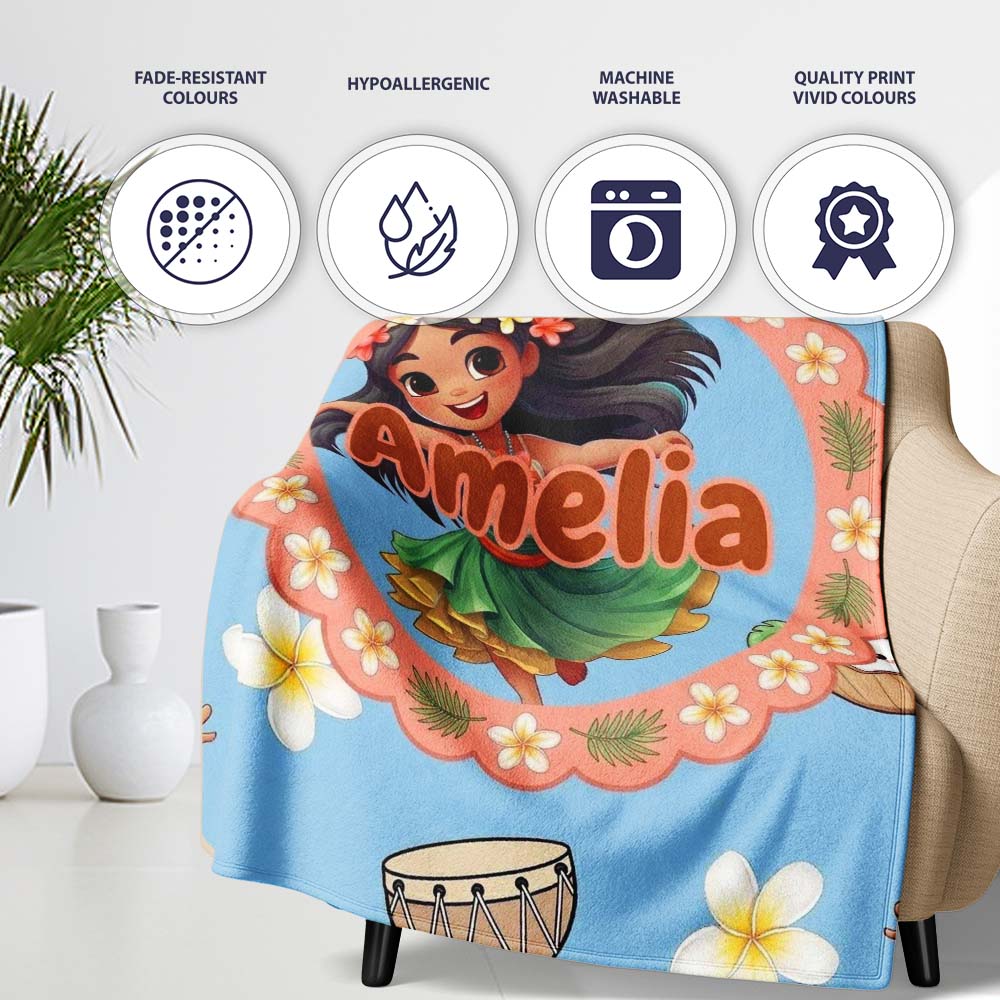 Cute Hula Girl Blue Background Tropical Flowers Coconut Seamless Personalised Custom Name Super Soft Fleece Blanket Bed Sofa Throw