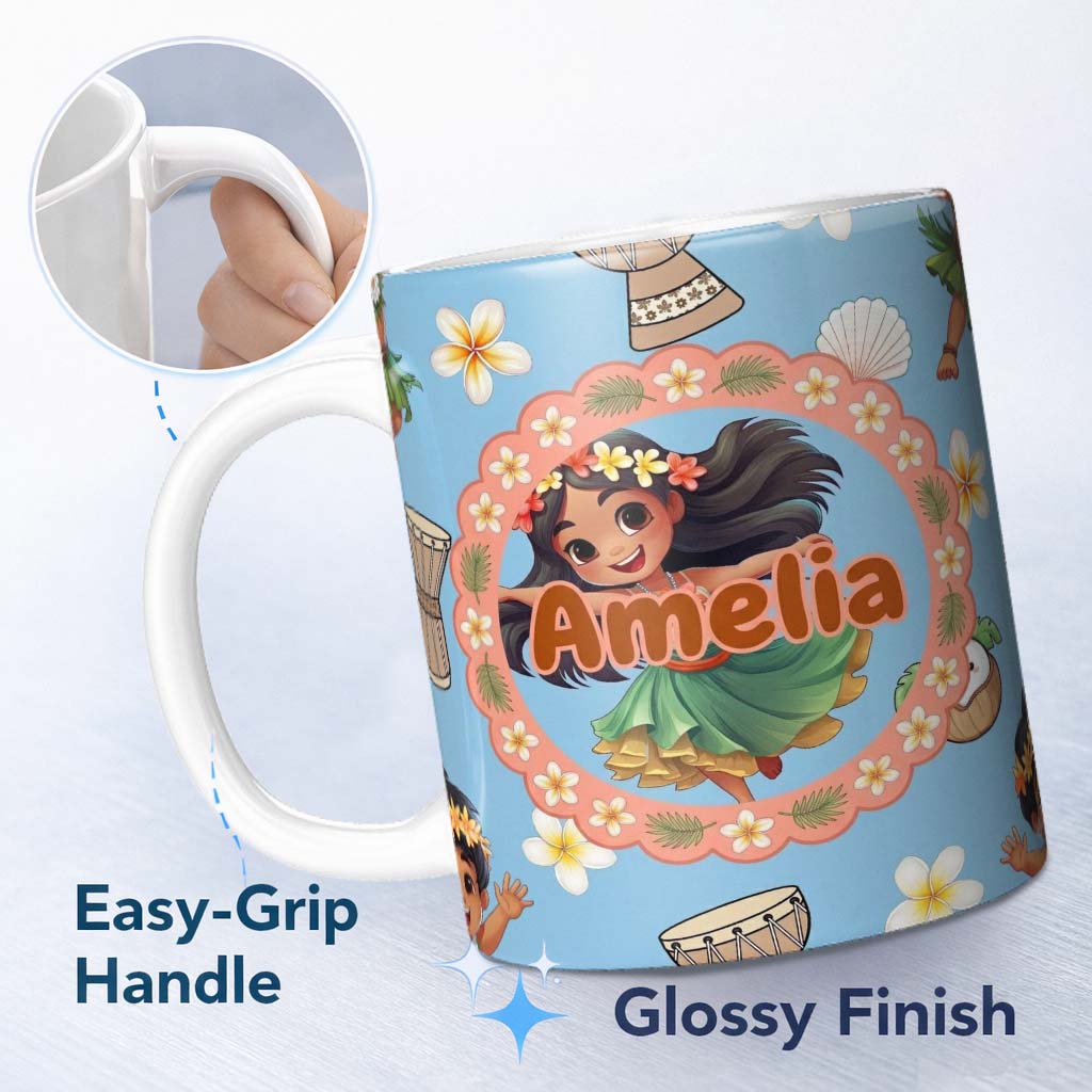 Personalized Custom Name Cute Hula Girl Blue Background Tropical Flowers Coconut Seamless 11oz Ceramic Coffee Tea Mug White Large Handle