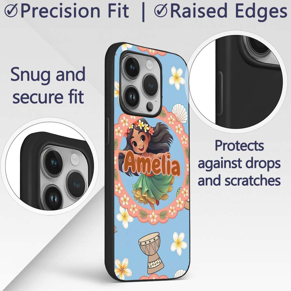 Cute Hula Girl Blue Background Tropical Flowers Custom Name Protective Phone Case Mobile Cover Durable Everyday Smartphone Shock Resistant