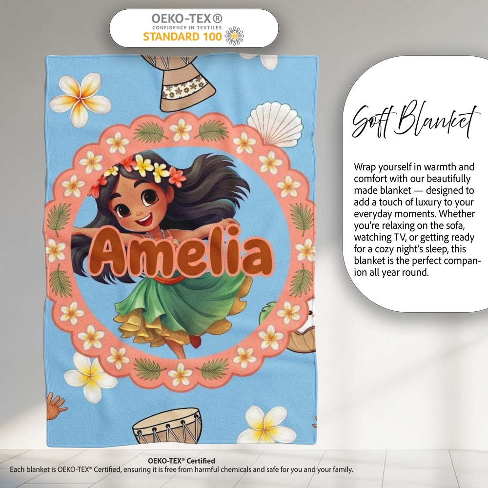 Cute Hula Girl Blue Background Tropical Flowers Coconut Seamless Personalised Custom Name Super Soft Fleece Blanket Bed Sofa Throw