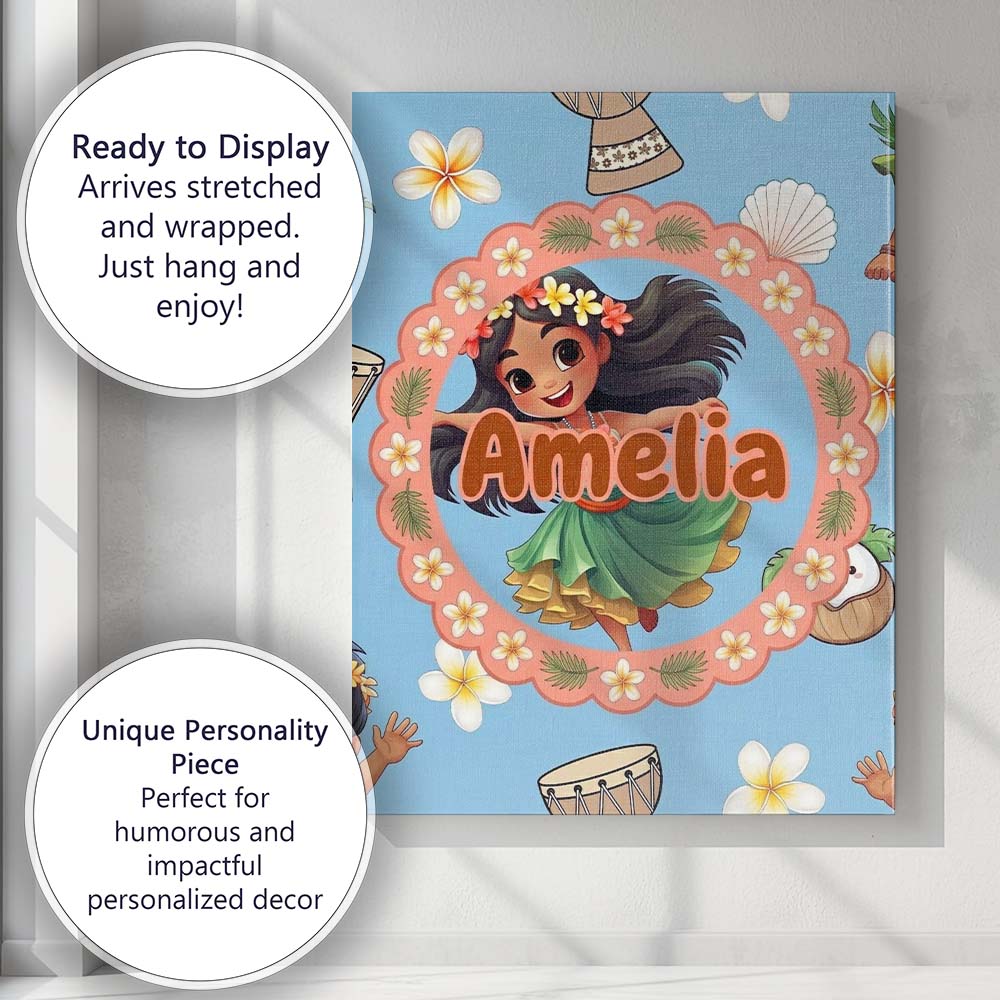 Personalised Name Cute Hula Girl Blue Custom Modern Room Accent Creative Decorator Style Canvas Wall Art Print Decor Picture Ready to Hang