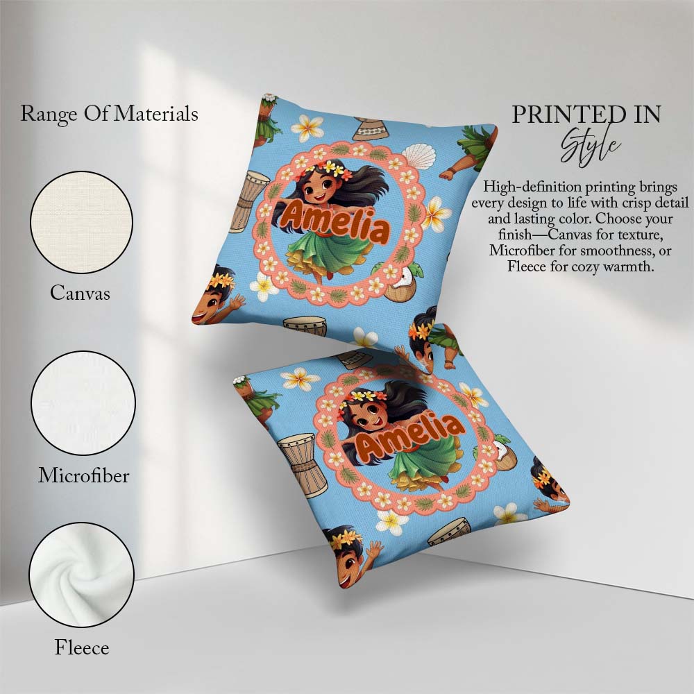 Custom Name Hula Girl Blue Background Tropical Flowers Seamless Square Filled Cushion Throw Pillow Sofa Bed Home Decor Zip Washable UK Made