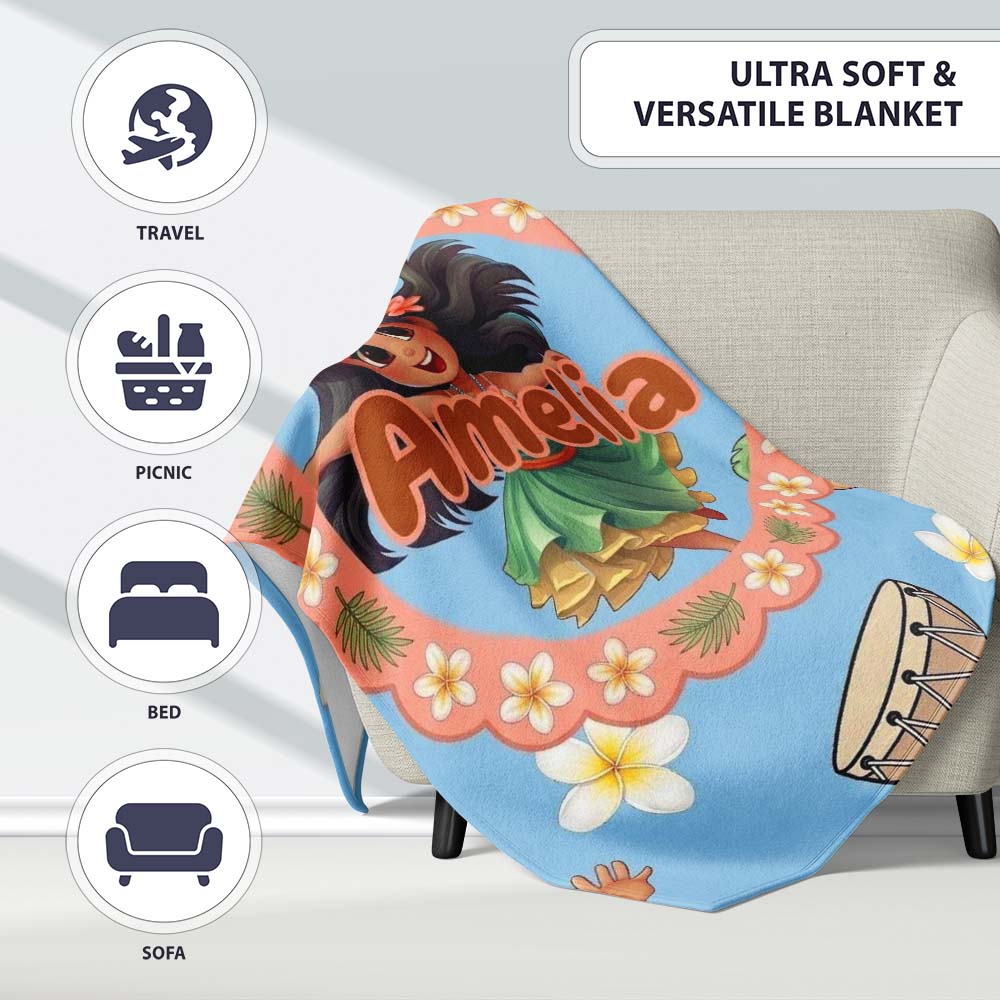 Cute Hula Girl Blue Background Tropical Flowers Coconut Seamless Personalised Custom Name Super Soft Fleece Blanket Bed Sofa Throw