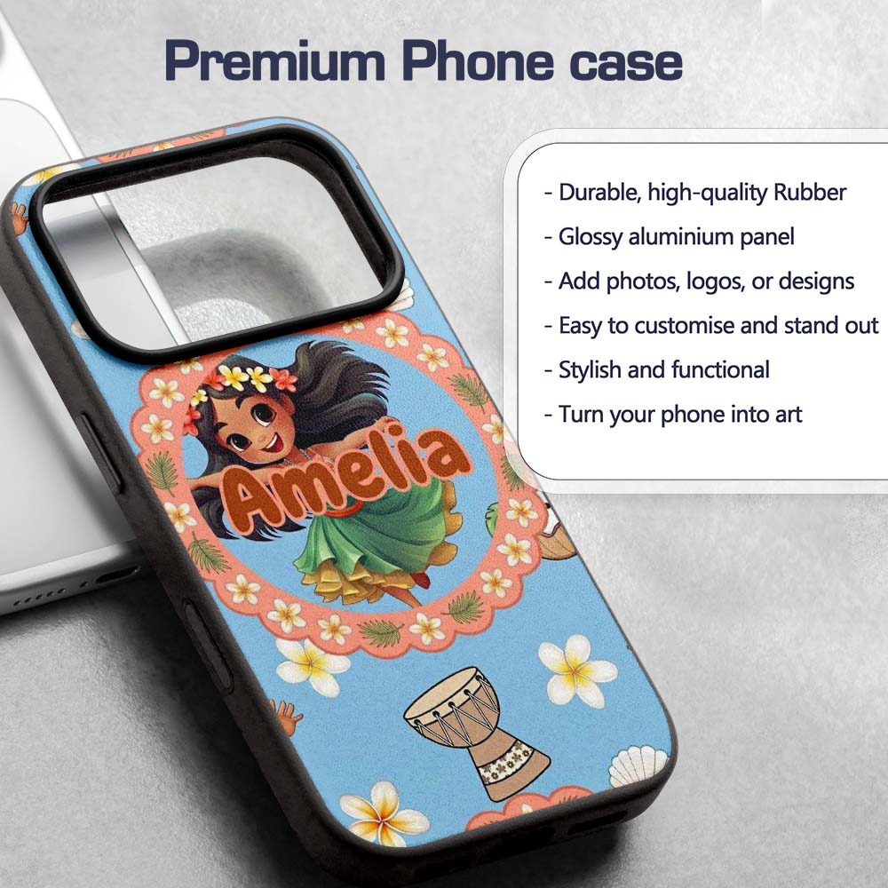 Cute Hula Girl Blue Background Tropical Flowers Custom Name Protective Phone Case Mobile Cover Durable Everyday Smartphone Shock Resistant
