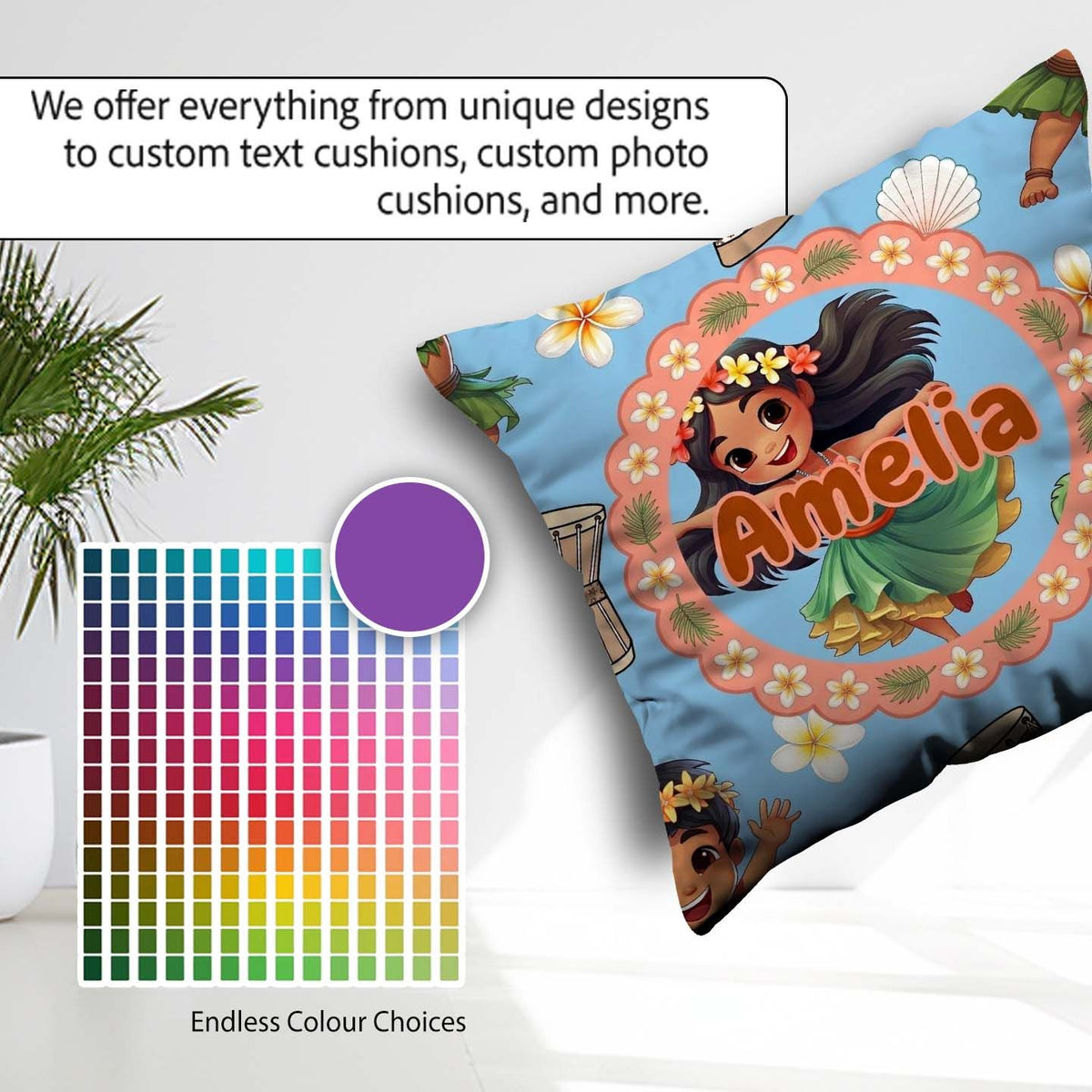 Custom Name Hula Girl Blue Background Tropical Flowers Seamless Square Filled Cushion Throw Pillow Sofa Bed Home Decor Zip Washable UK Made