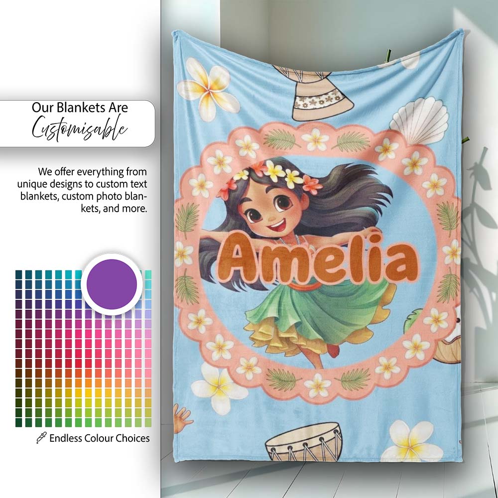Cute Hula Girl Blue Background Tropical Flowers Coconut Seamless Personalised Custom Name Super Soft Fleece Blanket Bed Sofa Throw