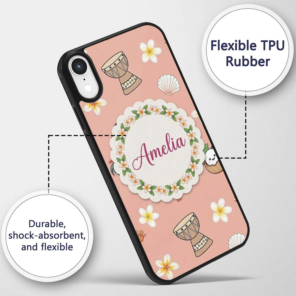 Cute Hula Girl Peach Background Tropical Flowers Custom Name Protective Phone Case Mobile Cover Durable Everyday Smartphone Shock Resistant