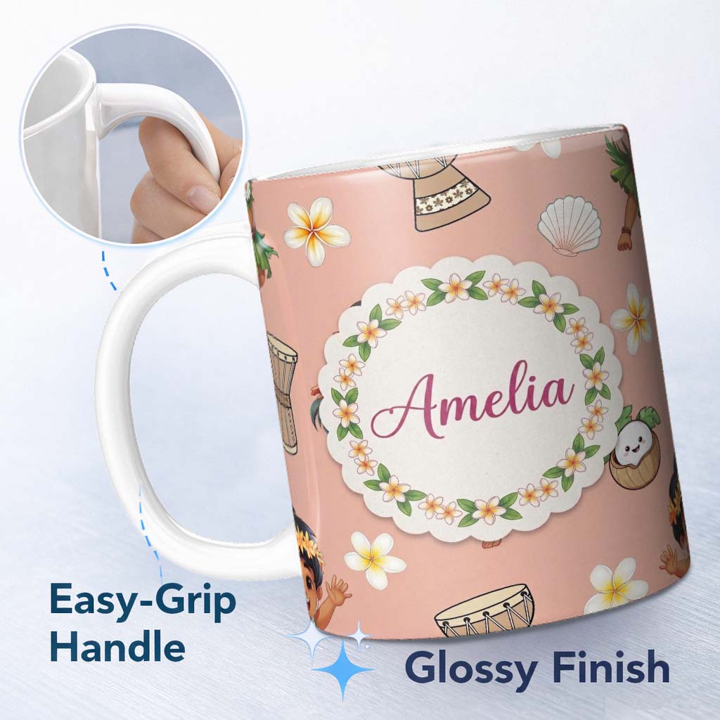 Personalized Custom Name Cute Hula Girl Peach Background Tropical Flowers Coconut Seamless 11oz Ceramic Coffee Tea Mug White Large Handle
