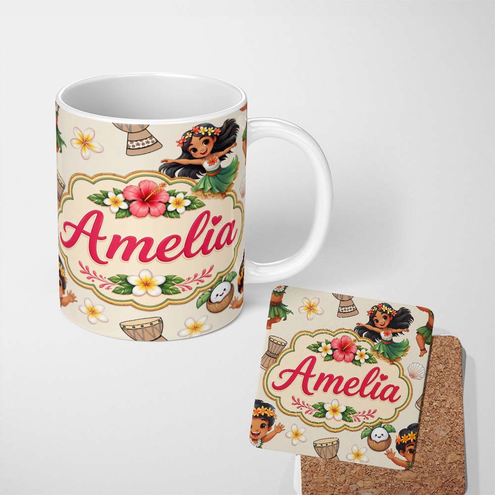 Personalized Custom Name Cute Hula Girl Cream Background Tropical Flowers Coconut Seamless 11oz Ceramic Coffee Tea Mug White Large Handle