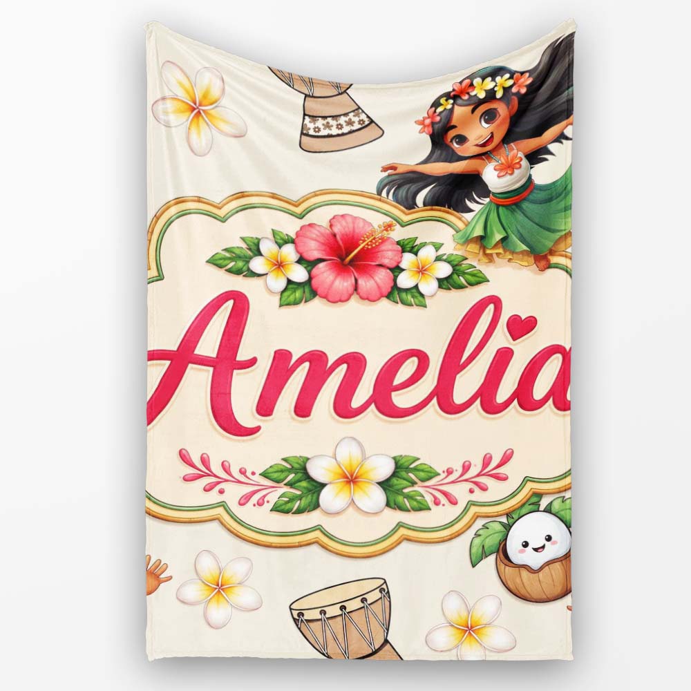 Cute Hula Girl Cream Background Tropical Flowers Coconut Seamless Personalised Custom Name Super Soft Fleece Blanket Bed Sofa Throw