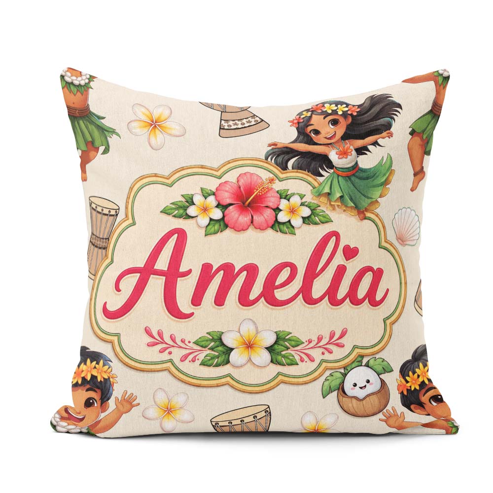 Custom Name Hula Girl Cream Background Tropical Flowers Seamless Square Filled Cushion Throw Pillow Sofa Bed Home Decor Zip Washable UK Made