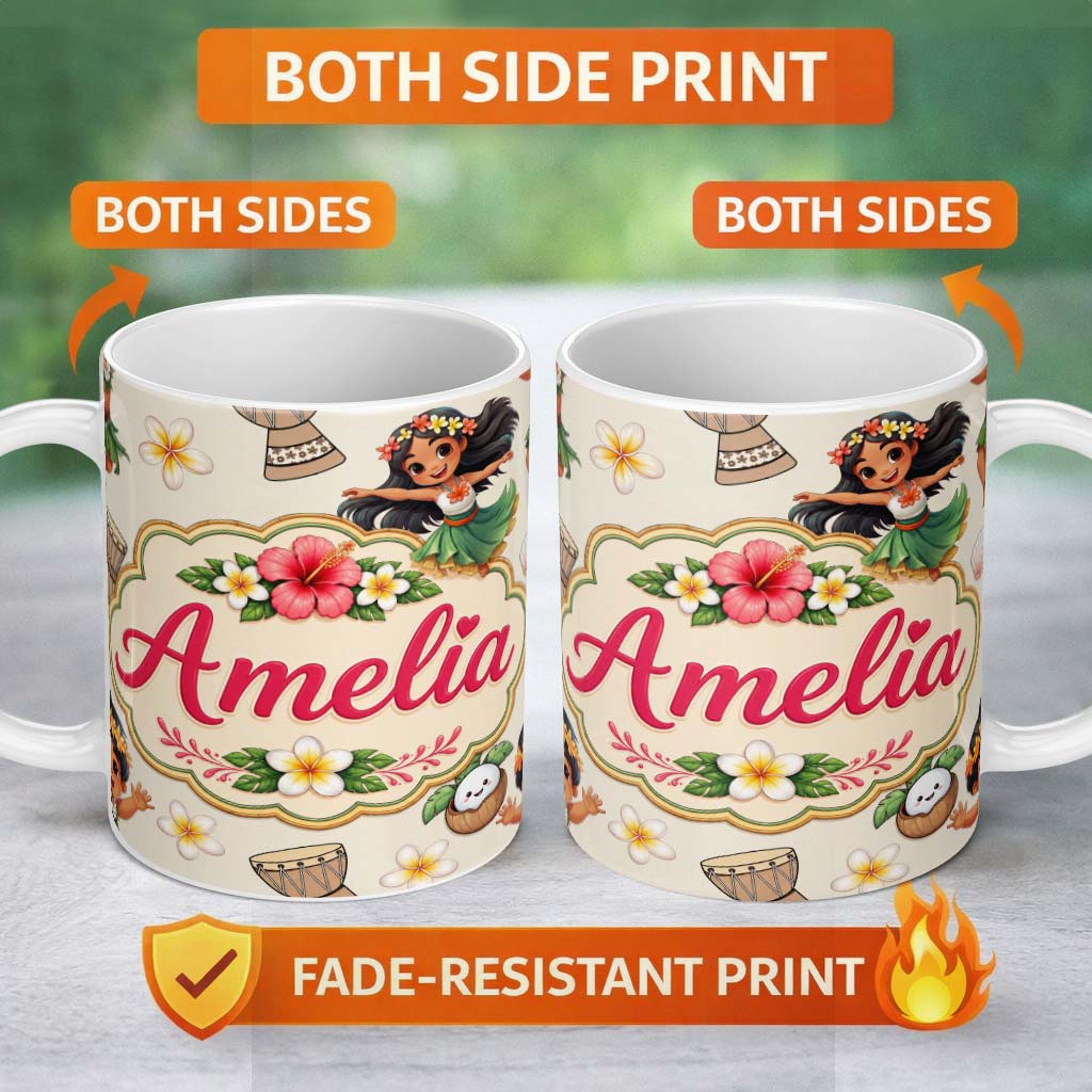 Personalized Custom Name Cute Hula Girl Cream Background Tropical Flowers Coconut Seamless 11oz Ceramic Coffee Tea Mug White Large Handle