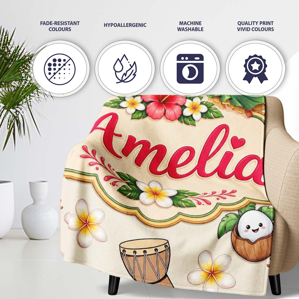 Cute Hula Girl Cream Background Tropical Flowers Coconut Seamless Personalised Custom Name Super Soft Fleece Blanket Bed Sofa Throw