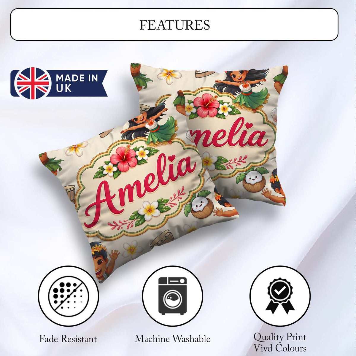 Custom Name Hula Girl Cream Background Tropical Flowers Seamless Square Filled Cushion Throw Pillow Sofa Bed Home Decor Zip Washable UK Made