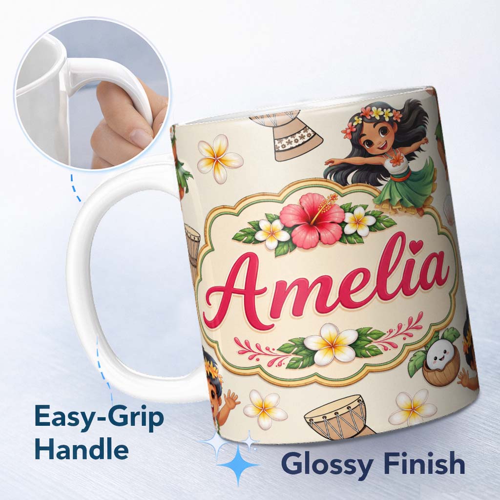 Personalized Custom Name Cute Hula Girl Cream Background Tropical Flowers Coconut Seamless 11oz Ceramic Coffee Tea Mug White Large Handle