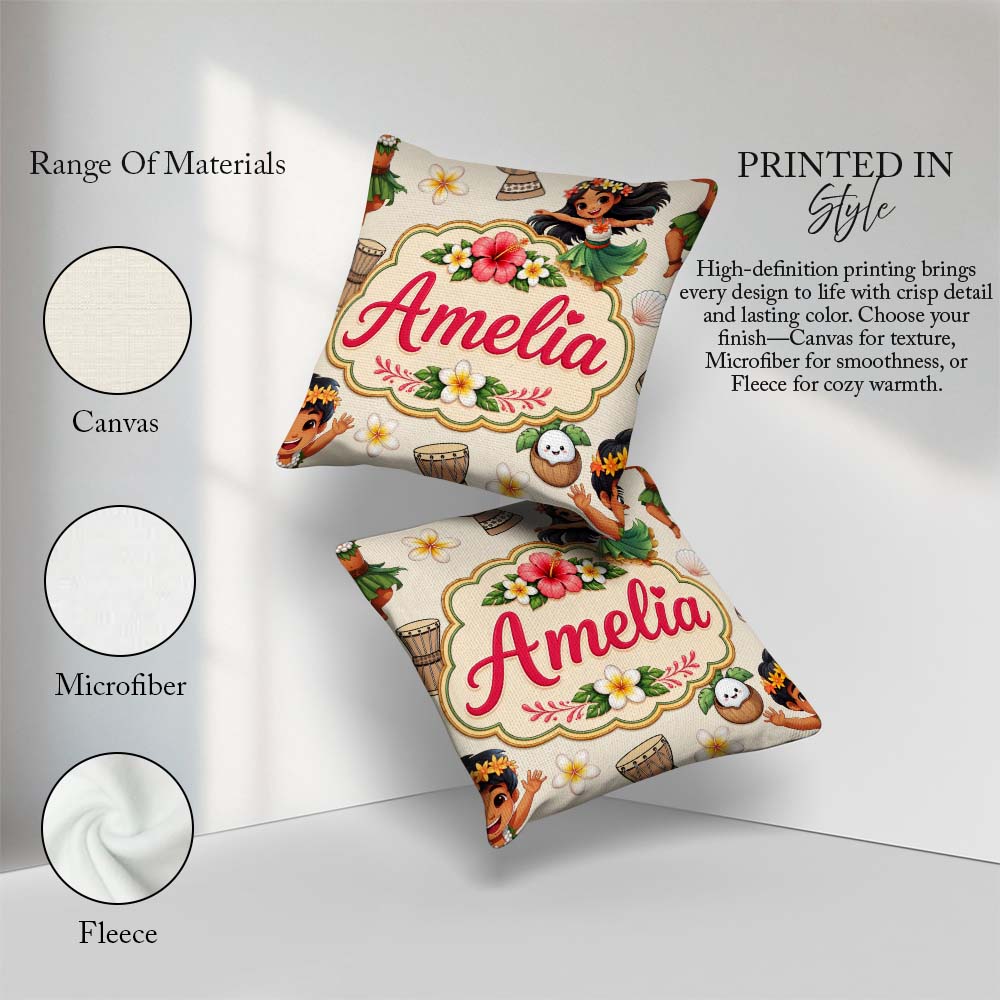 Custom Name Hula Girl Cream Background Tropical Flowers Seamless Square Filled Cushion Throw Pillow Sofa Bed Home Decor Zip Washable UK Made