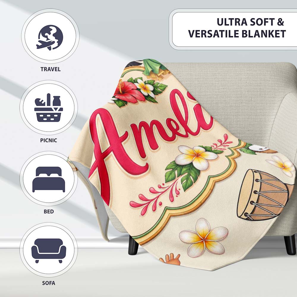 Cute Hula Girl Cream Background Tropical Flowers Coconut Seamless Personalised Custom Name Super Soft Fleece Blanket Bed Sofa Throw