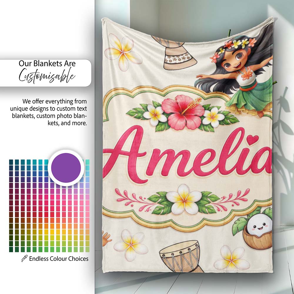 Cute Hula Girl Cream Background Tropical Flowers Coconut Seamless Personalised Custom Name Super Soft Fleece Blanket Bed Sofa Throw