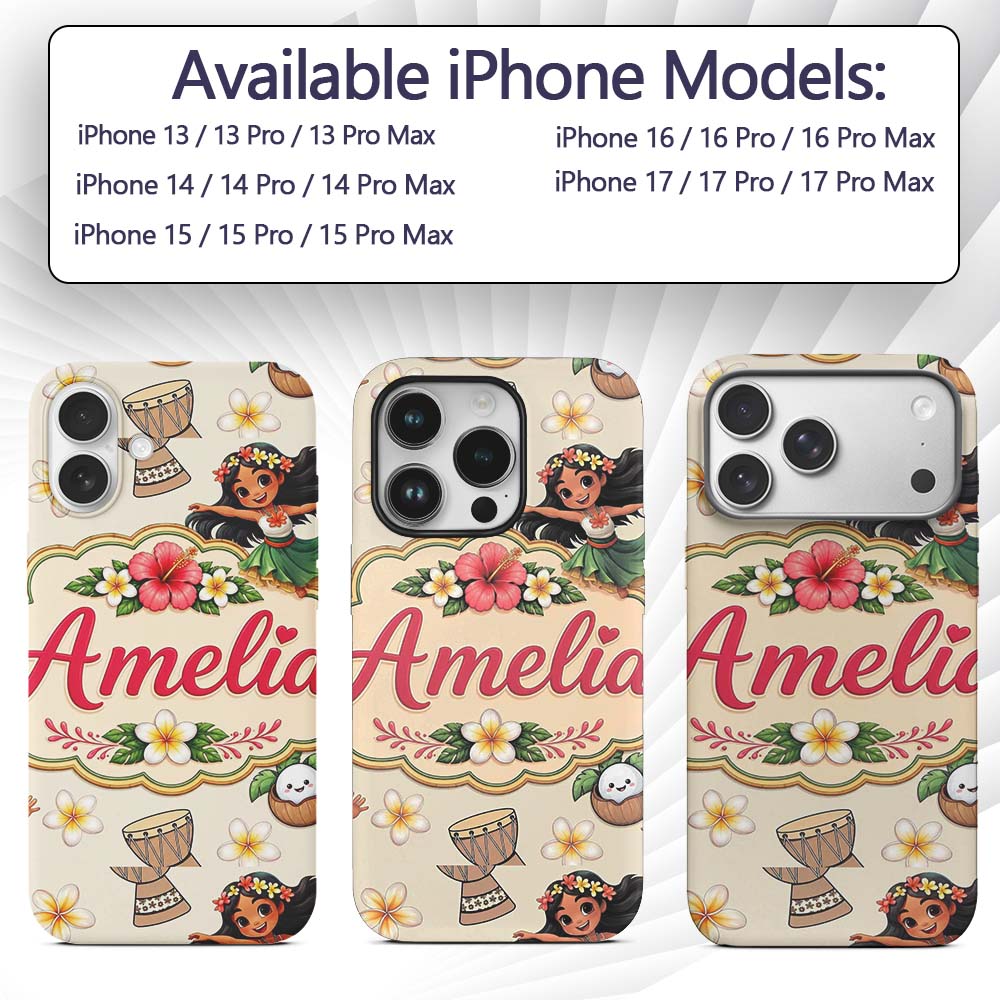 Cute Hula Girl Cream Background Tropical Flowers Custom Name Protective Phone Case Mobile Cover Durable Everyday Smartphone Shock Resistant