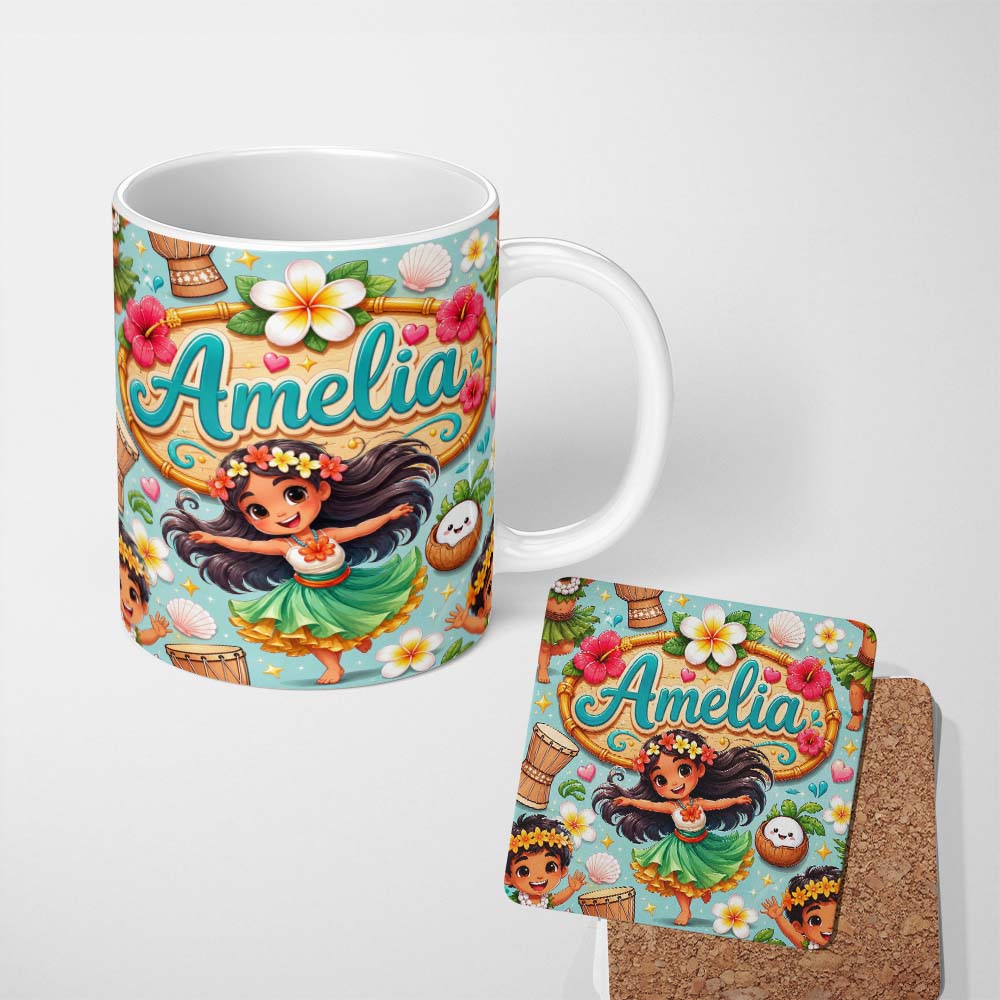 Personalized Custom Name Cute Hula Girl Mint Background Tropical Flowers Coconut Seamless 11oz Ceramic Coffee Tea Mug White Large Handle
