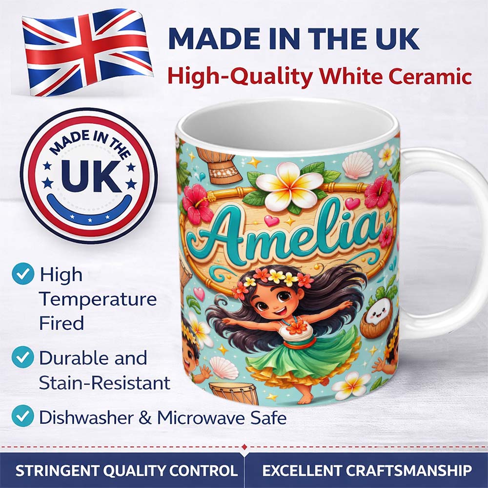 Personalized Custom Name Cute Hula Girl Mint Background Tropical Flowers Coconut Seamless 11oz Ceramic Coffee Tea Mug White Large Handle