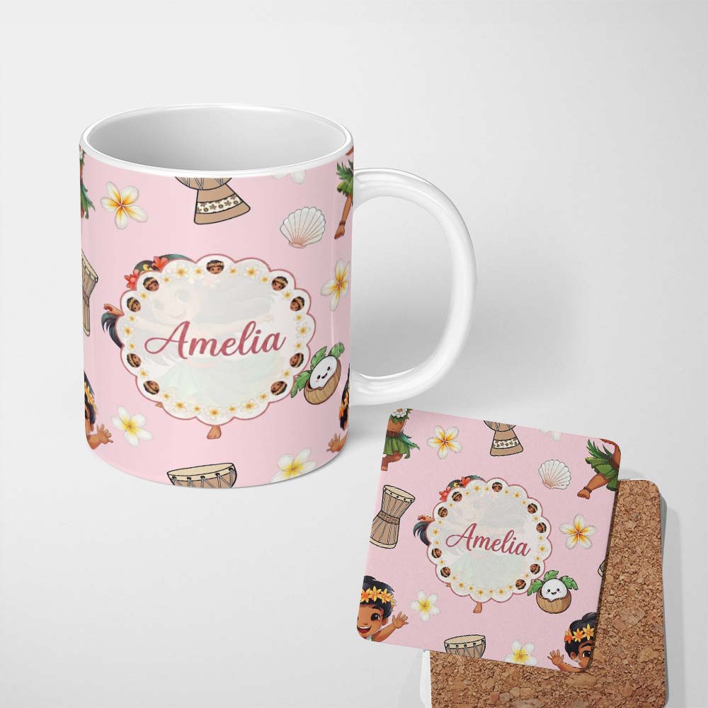 Personalized Custom Name Cute Hula Girl Pink Background Tropical Flowers Coconut Seamless 11oz Ceramic Coffee Tea Mug White Large Handle