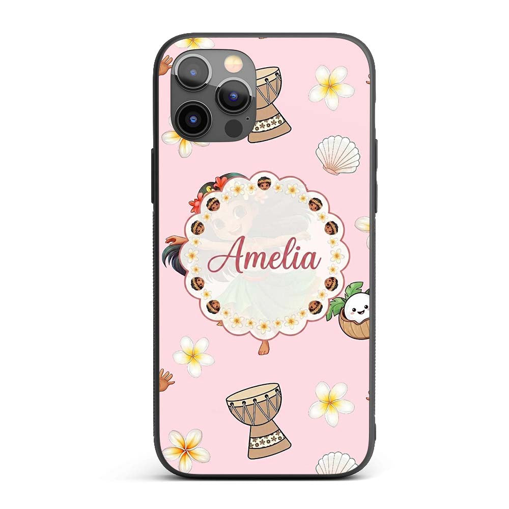 Cute Hula Girl Pink Background Tropical Flowers Custom Name Protective Phone Case Mobile Cover Durable Everyday Smartphone Shock Resistant