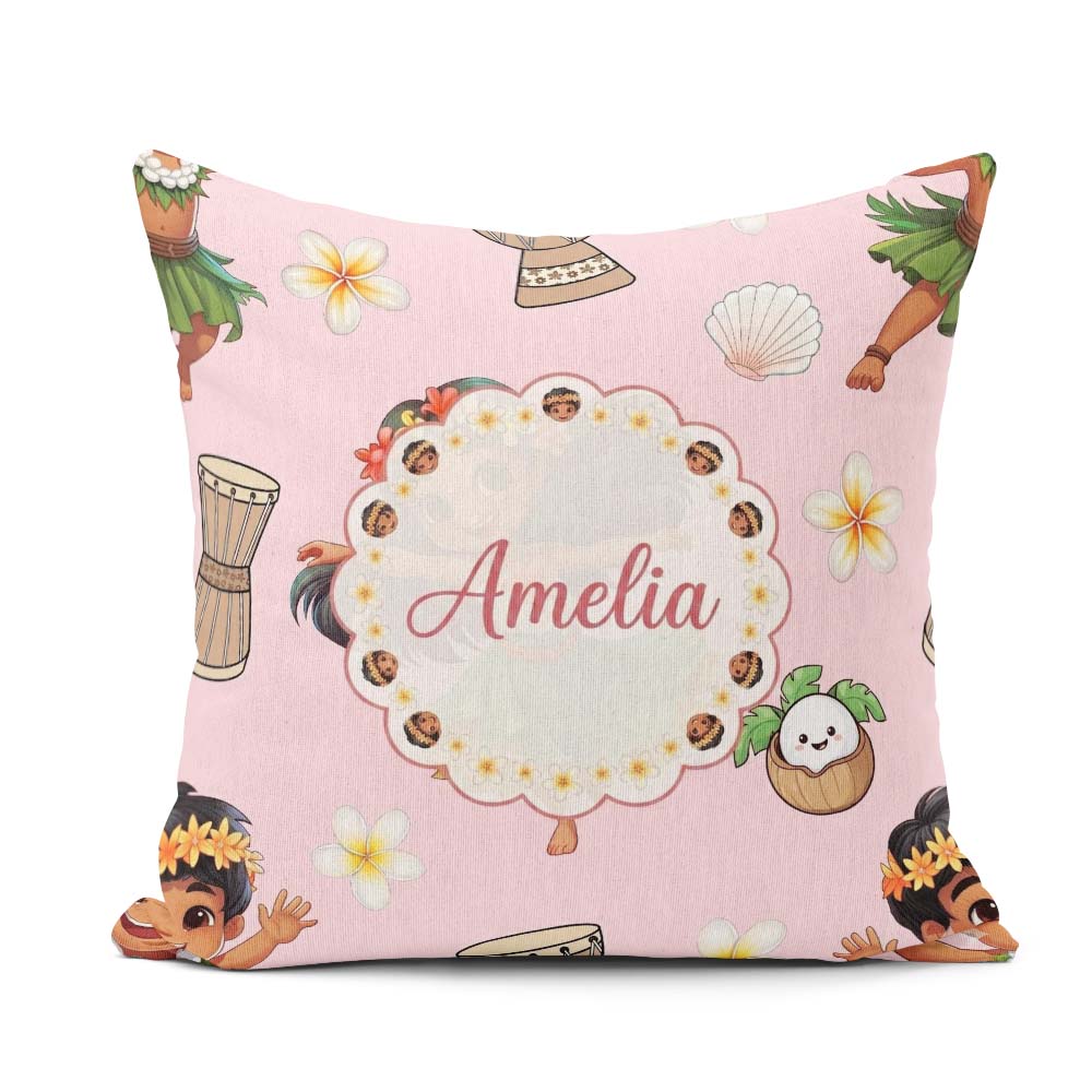 Custom Name Hula Girl Pink Background Tropical Flowers Seamless Square Filled Cushion Throw Pillow Sofa Bed Home Decor Zip Washable UK Made
