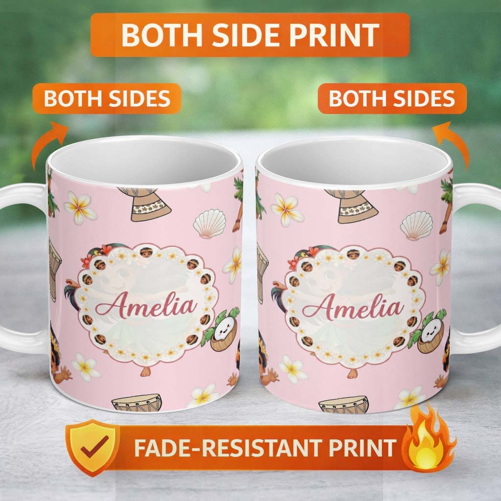Personalized Custom Name Cute Hula Girl Pink Background Tropical Flowers Coconut Seamless 11oz Ceramic Coffee Tea Mug White Large Handle